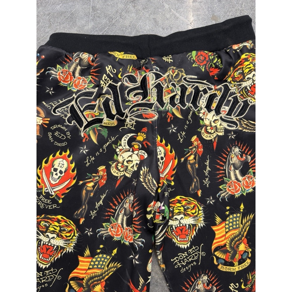 Ed Hardy Flashboard Wide Leg Track Pant Black Gold Tiger Skull Dragon Size L - Picture 11 of 11